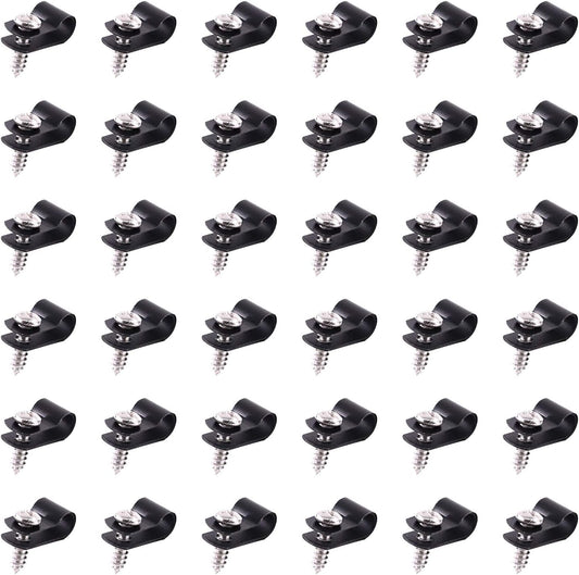 Swpeet 60 Pack Black 1/4 Inch Nylon Plastic R-Type Cable Clips Clamp Kit, Nylon Screw Mounting Cord Fastener Clips with 60 Pack Screws for Wire Management
