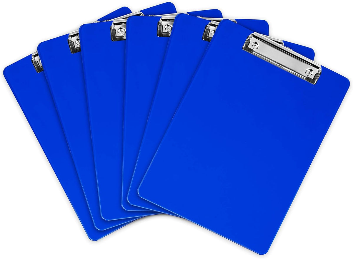 Blue Plastic Clipboard with Low Profile Clip (Pack of 6) - Letter Size Clip Board Blue with Flat Clip, A4 Size Acrylic Clipboard for Boys and Girls | Cute Aesthetic College & Back to School Supplies