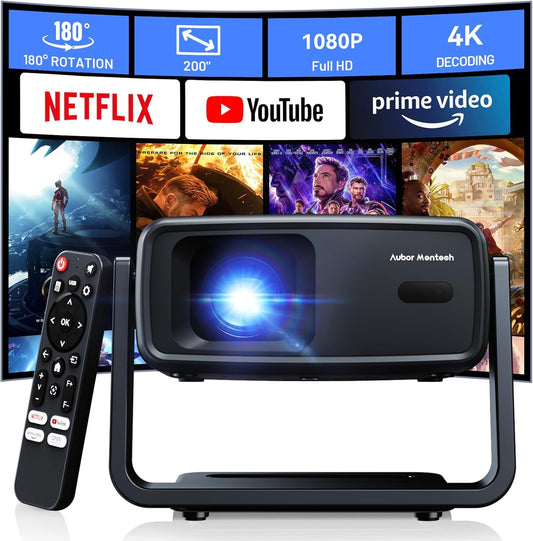 4K Projector Decoding Support, Projector with WiFi and Bluetooth, Native 1080P mini projector, 180° Rotatable with Auto Keystone, 200'' Screen Portable Outdoor Home Theater Movie Smart Projectors