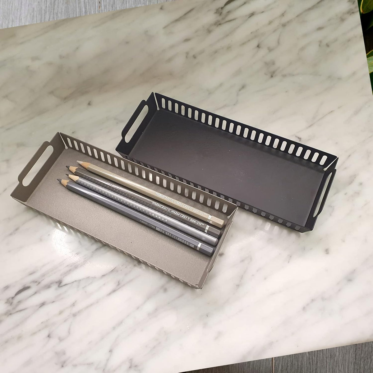 Metal Pen Pencil Tray Holder Office Desk Drawer Organizer Small Vanity Accessory Storage (Black)