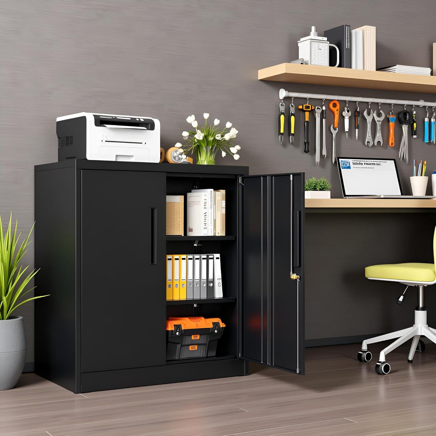SUNCROWN Metal Storage Cabinets, 36”Locking Cabinet with Doors and Adjustable Shelves, Steel Utility Tool Garage Cabinets for Home, Office, Kitchen,Warehouse, Black