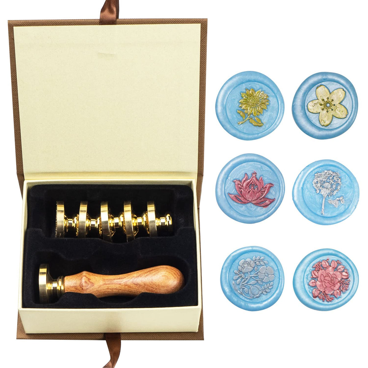 Flower Wax Seal Stamp Set with 6 PCS Removable Brass Heads and 1 Wooden Handle - Sunflower, Three Flowers, Lotus, Dandelion Sealing Wax Stamp for Cards & Invitations