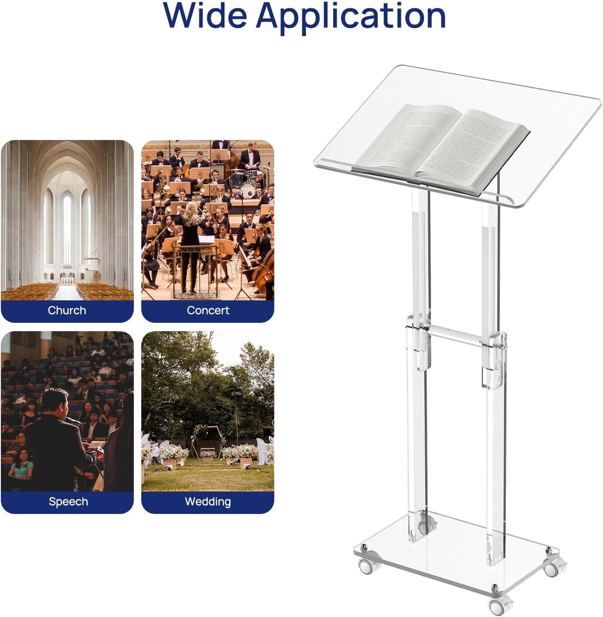 HMYHUM Acrylic Podium Stand with Lockable Wheels, Angle & Height Adjustable, Clear Rolling Podium, Mobile Lecterns & Pulpits for Classroom, Concert, Church, Speech, Multi-Purpose, Modern