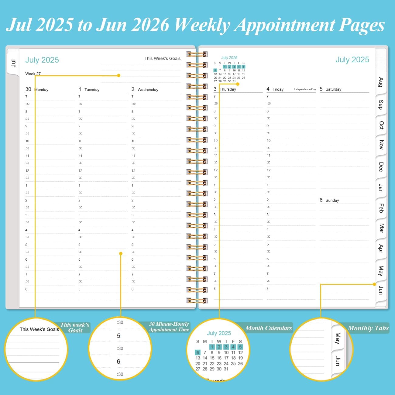 2025-2026 Appointment Book & Planner - Hourly Planner from July 2025 - June 2026, Weekly Appointment Book 2025-2026 with 30-Minute Interval, 6.4" x 8.5", Blue Watercolor