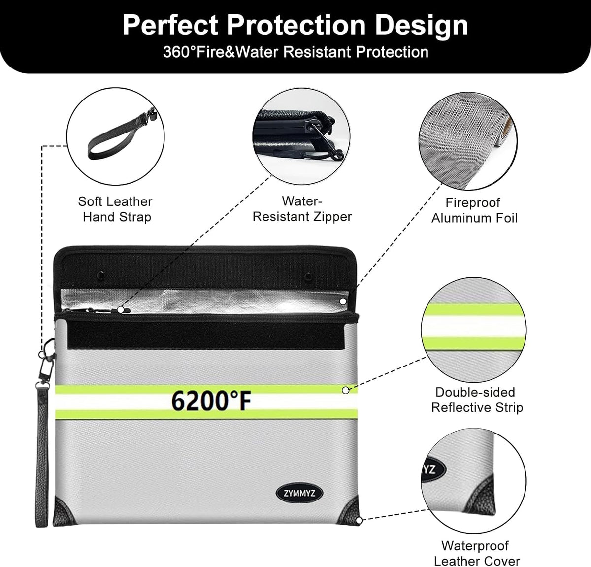 Fireproof Document Bag with lock Water Resistant Zipper,6200°F Heat Insulated Fire Proof Pouch with Soft Leather Hand Strap,Fire Envelope for Cash,Documents,Jewelry（Not Suitable for A4 Files）