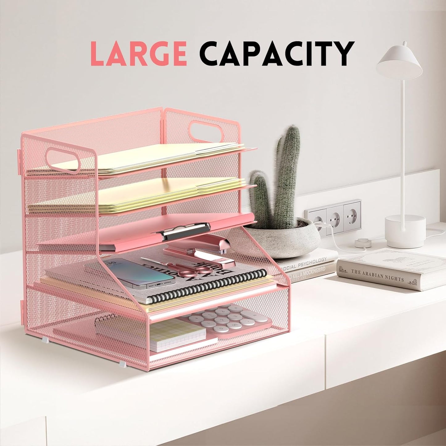 SUPEASY 5-Tier Desk File Organizer, Metal Letter Paper Tray, Desk Organizers and Accessories for Home Office Supplies, Pink