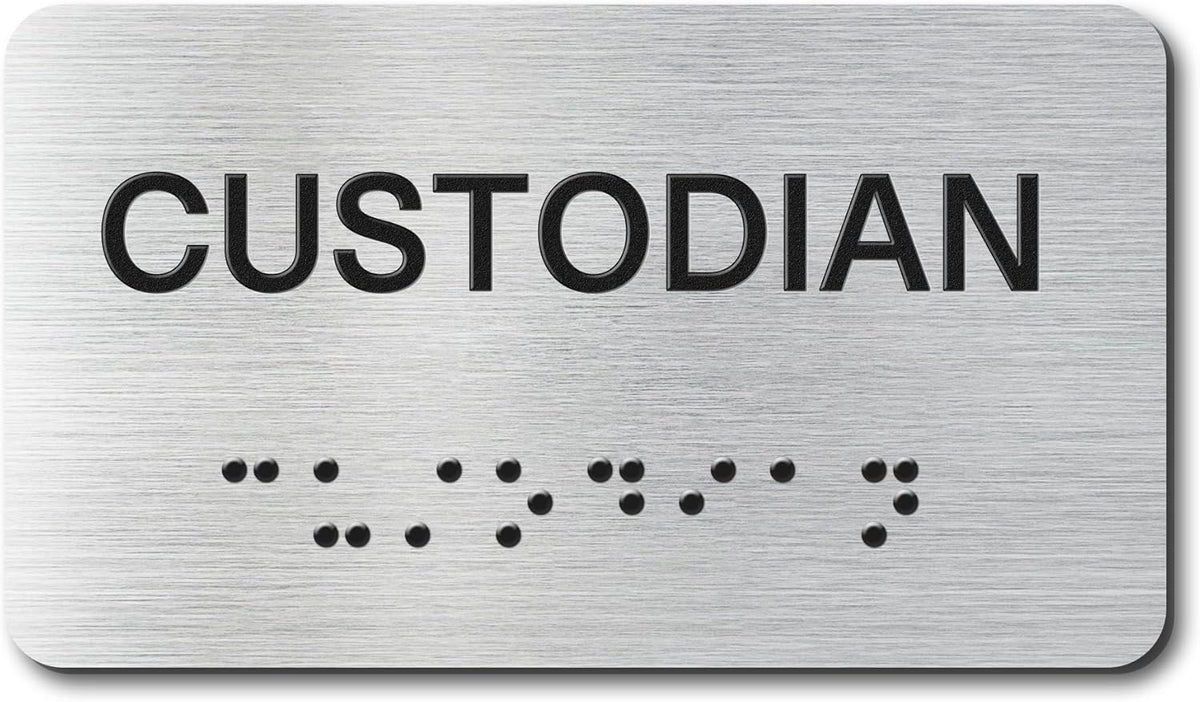 Custodian Signs with Raised Text & Grade 2 Braille, Brushed Aluminum/Silver Finish Easy Install with Double-Sided Tape, ADA Compliant Custodian Door Sign for Businesses & Offices