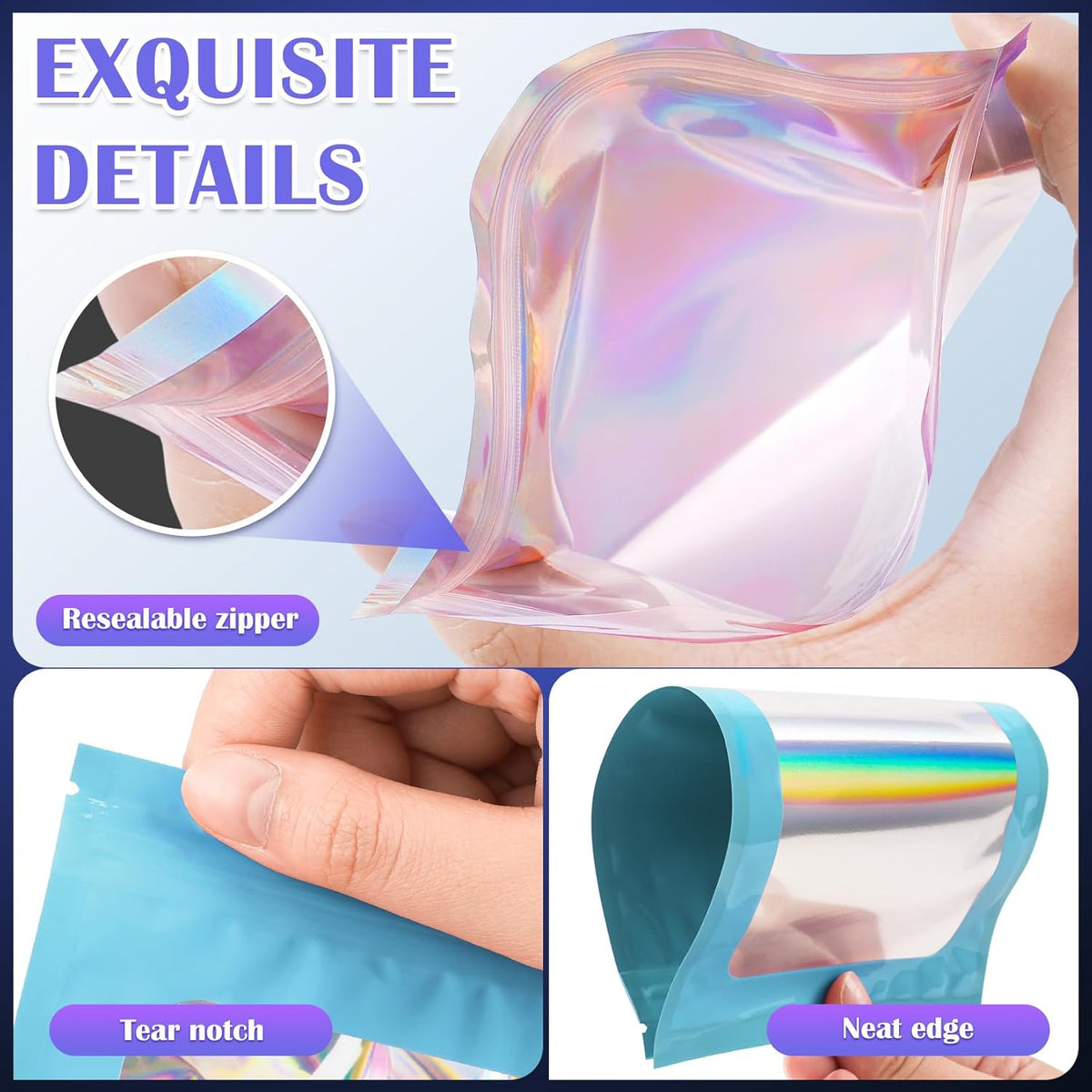 300 Pcs Mylar Bags, Smell Proof Bags Foil Pouch, Holographic Resealable Bags for Small Business, Candy Sample Jewelry Bag Sealable Packaging for Party Favor Food Storage (2.4x3.9in-Blue)