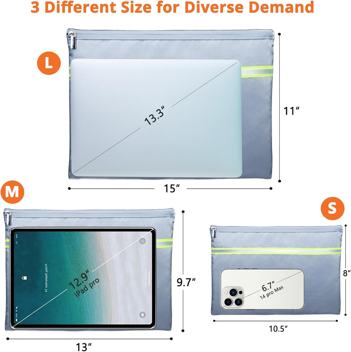 Fireproof Document Bag – 3 Pack (15" x 11", 13" x 9.7", 10.5" x 8") Fireproof & Water- proof Document Organizer | Document Holder with Zipper Secure for Cash, Passports, Check& More