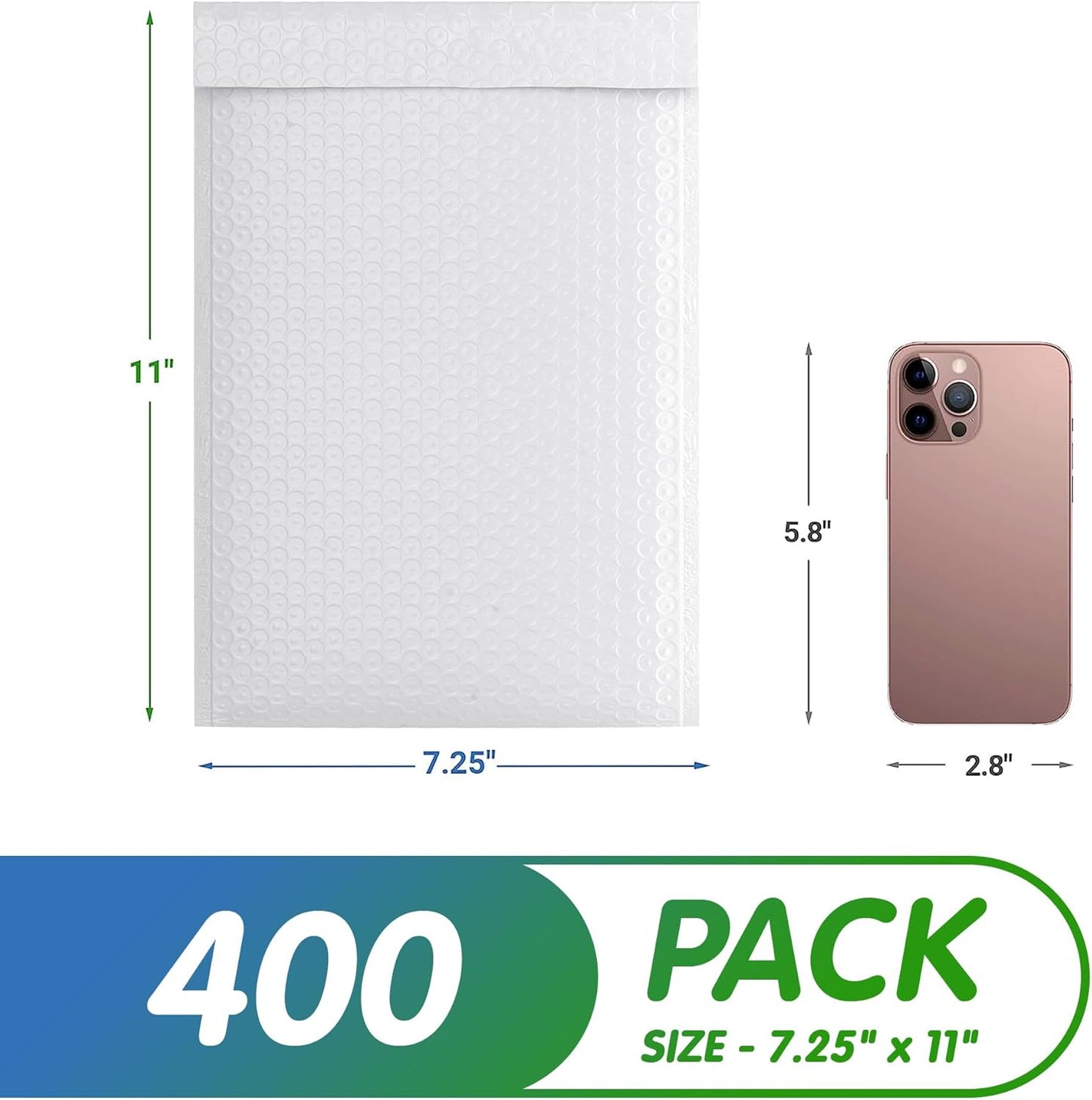 White Poly Bubble Mailers 7.25 x 11 Inch. Pack of 400 Padded Envelopes Waterproof. Self Seal Padded Mailers with Durable Seams. Lightweight Padded Shipping Envelopes for Mailing Fragile Things