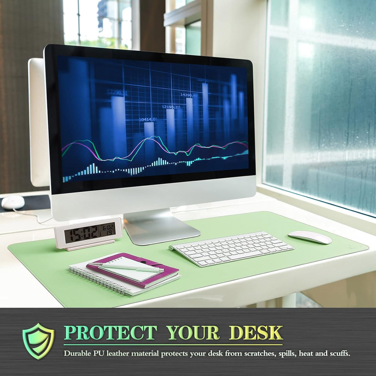 K KNODEL Desk Mat, Blotter, Dual-Sided Office Desk Pad, Waterproof Desk Mat for Desktop, Desk Blotters, PVC Leather Pad Protector (Sharp Green, 35.4" x 17")