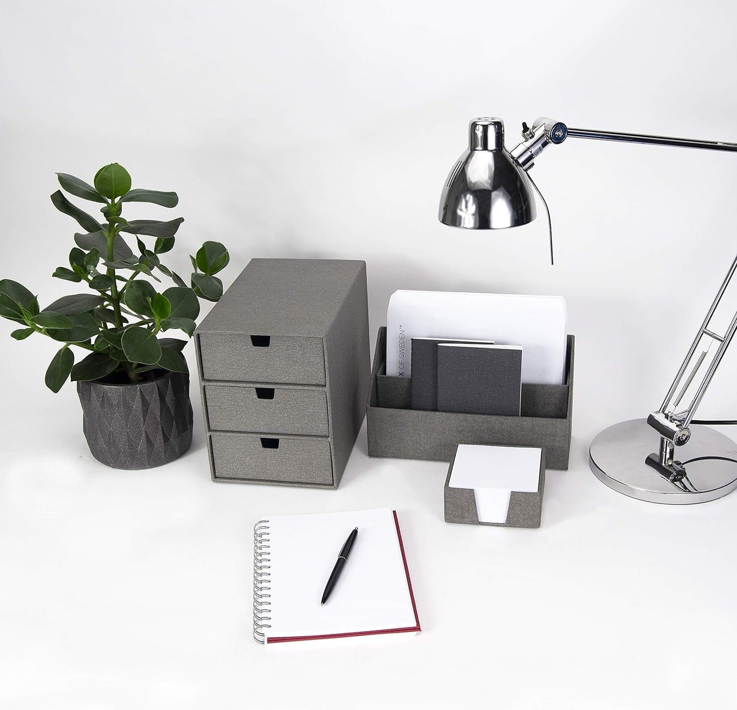 Bigso Box of Sweden Ingrid 3-Drawer Fiberboard Desk Organizer Drawers | Durable Desk Storage Organizer for Office Supplies & Accessories | Stackable Desktop Drawers | 6.3" x 9.9" x 8.1" | Light Grey
