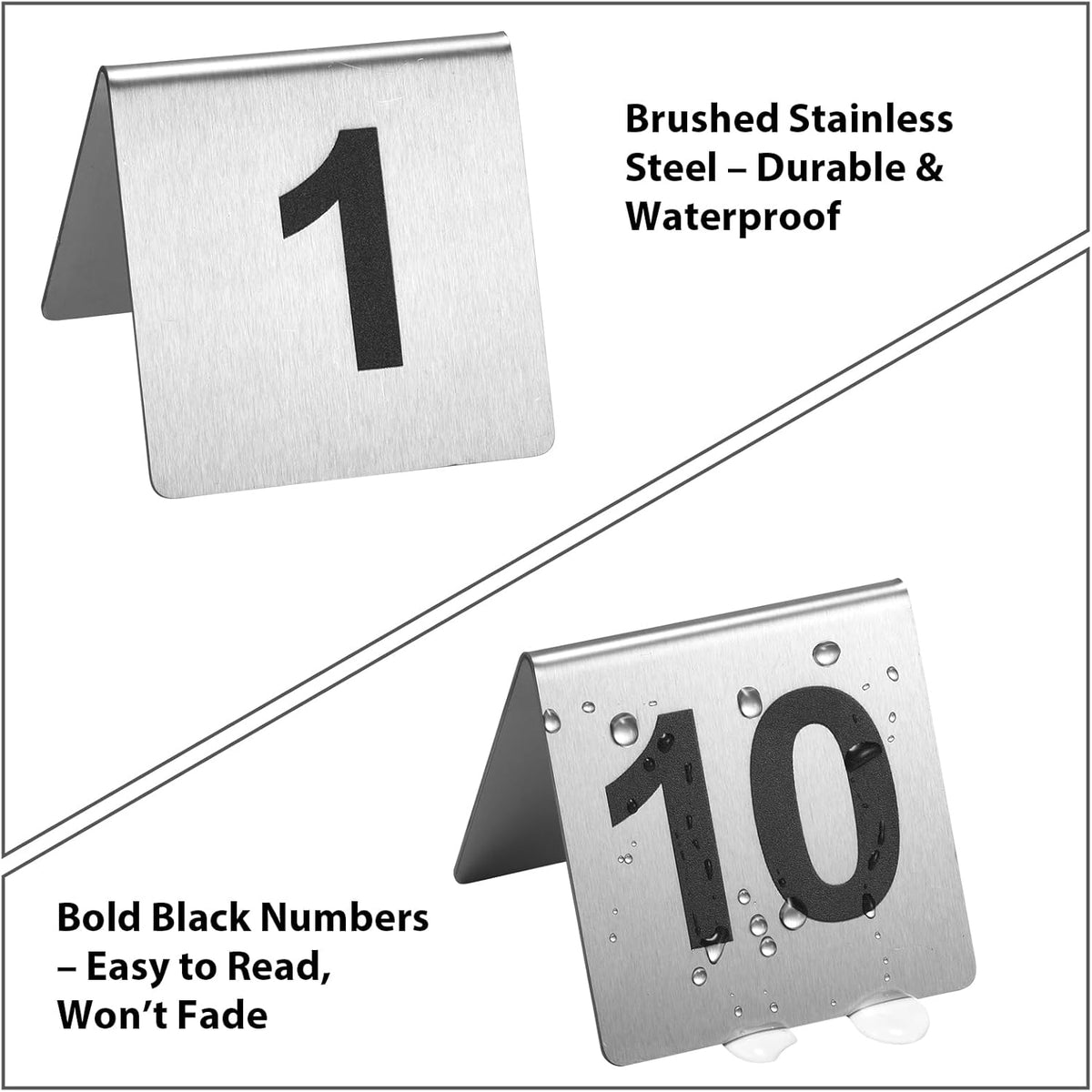 Stainless Steel Table Numbers 1-10, 2.76 x 2.76 Inch Tent Style Number Signs, Heavy-Duty Metal Table Number Cards for Restaurant, Cafe, Hotel, Large Clear Numbers, Waterproof and Rustproof