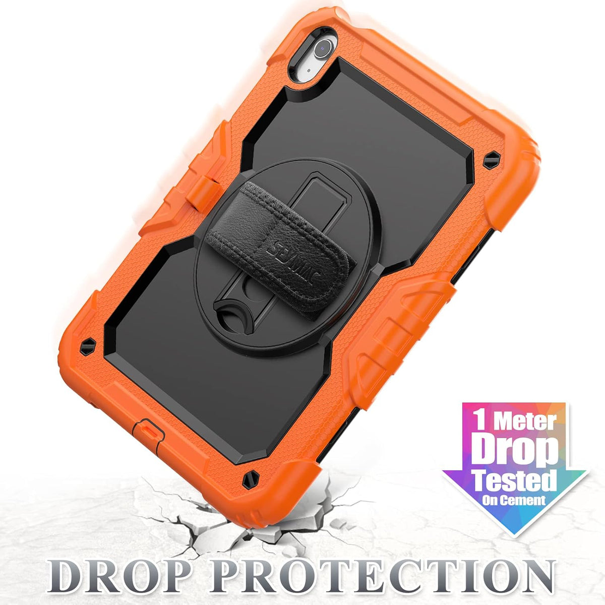 SEYMAC stock Case for iPad (A16) 11th/10th Generation 11''/10.9'' 2025/2022, Full-Body Drop Protection Case with Screen Protector &360° Rotate Hand Strap/Stand, Black+Orange