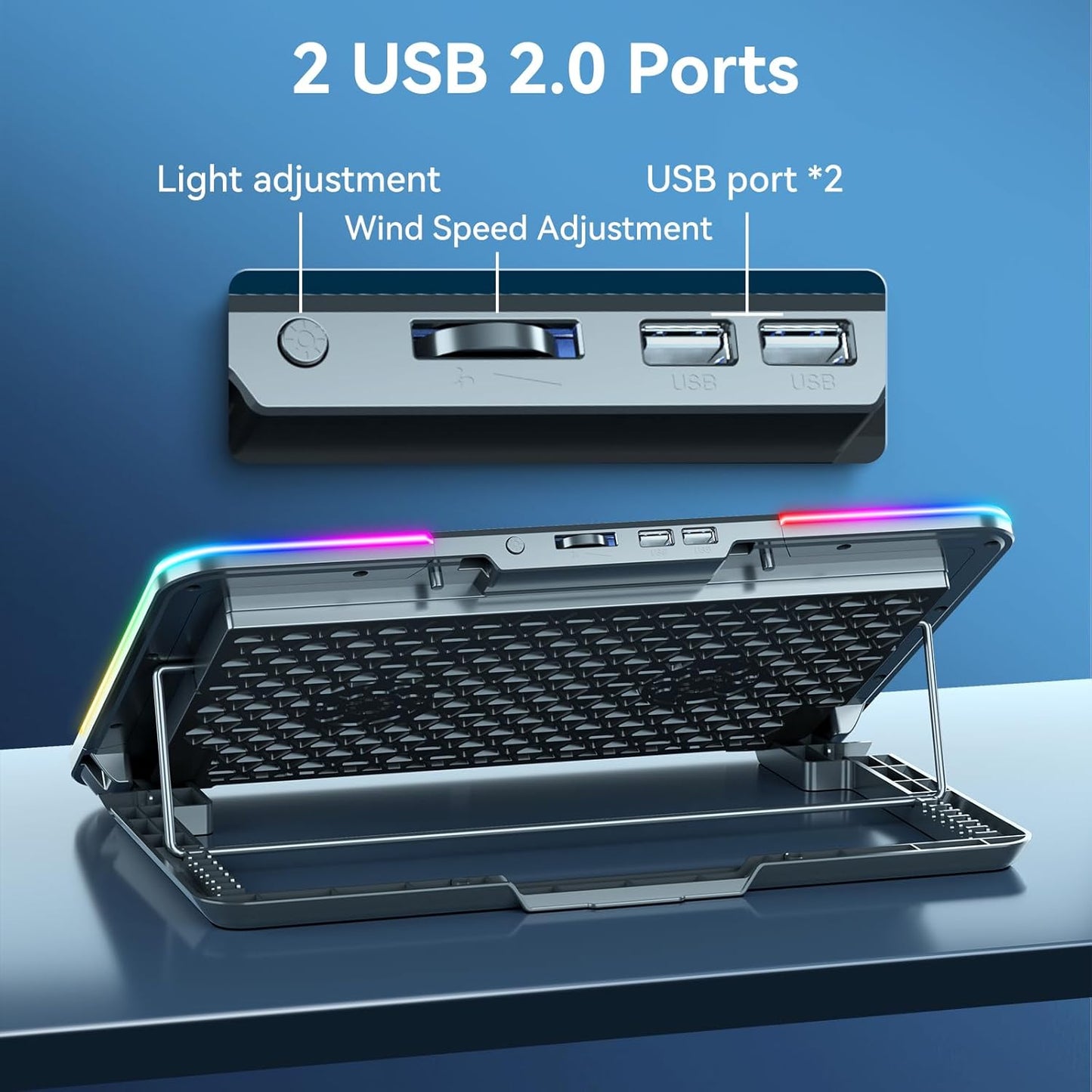 RGB Gaming Laptop Cooling Pad with Metal Panel, 2 Ultra Quiet Big Fans, 10 Lighting Modes, Phone Stand & 7 Height Adjustable Ergonomic Cooler for 10-15.6 Inch Laptops