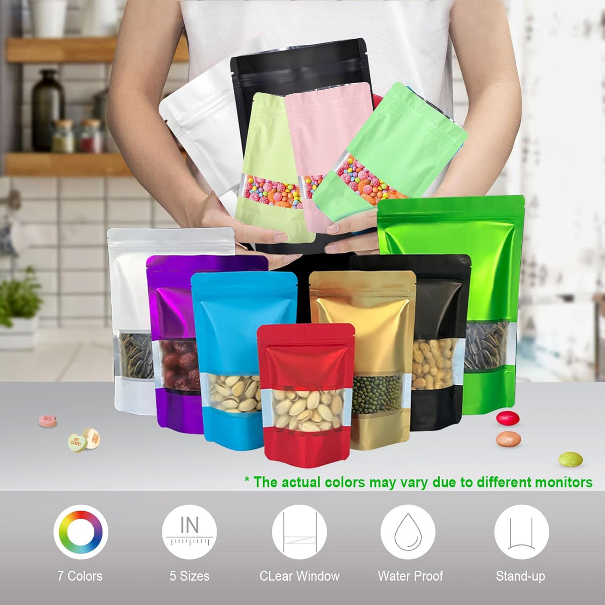 5.5"x7.8" 120pcs Mylar Bags for Food Storage,Smell Proof Bag with Matte Window Resealable Food Storage Bags for Small Business, Stand-up Foil Pouch Packaging Freeze Dried Candy Bag（Red）
