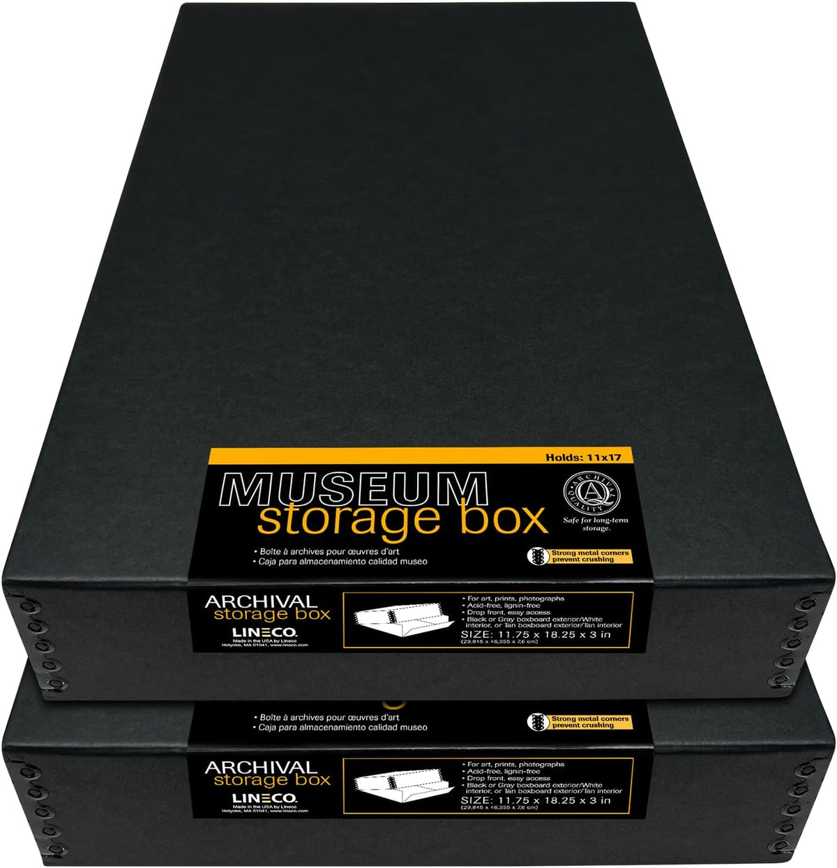 Lineco Museum Archival Storage Box, 11.75x18.25x3 in. Drop Front Design. Acid-Free with Metal Edge. Organize Photos, Pictures, Prints, Documents, Crafts, DIY. Black, 2Pack