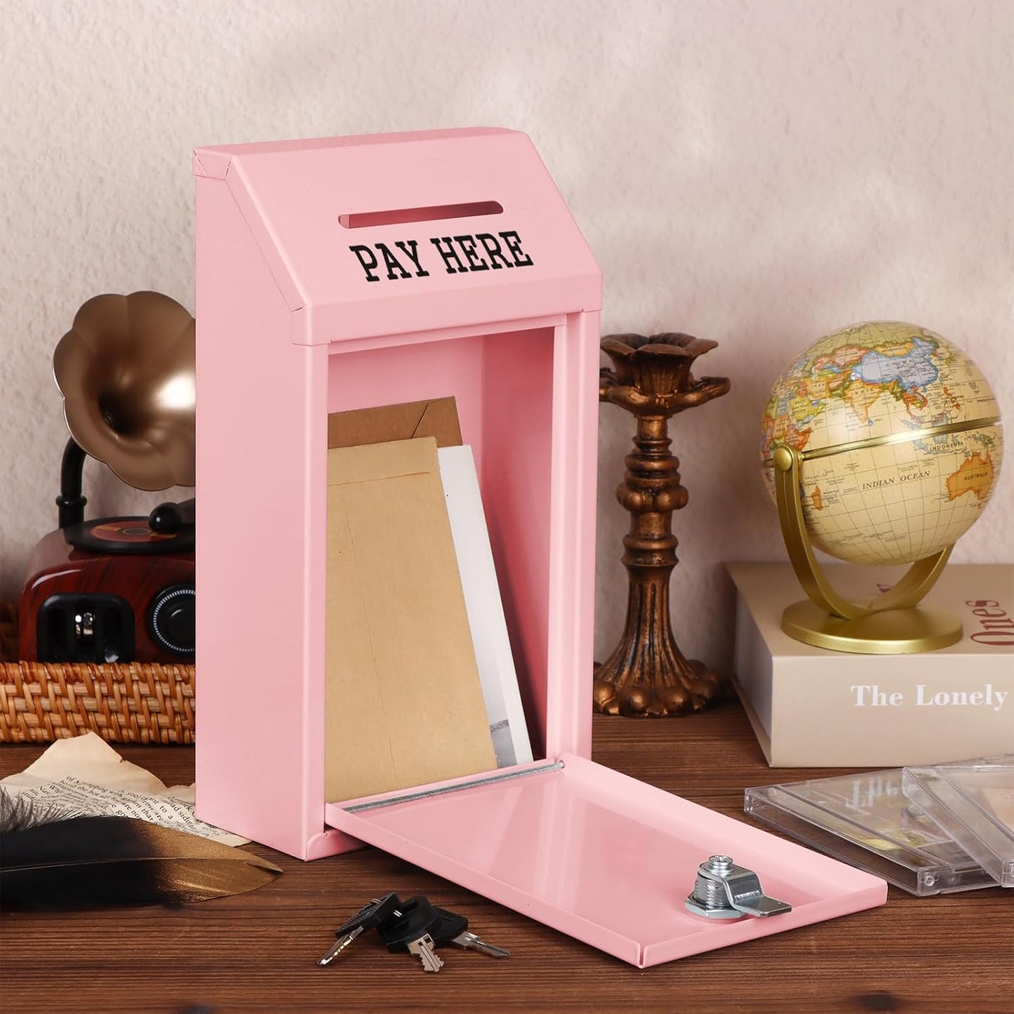 Metal Donation Box Collection Safe Suggestion Box with Lock Wall Mounted Mailbox Delivery Ballot Case Key Drop Case for Home Office Outdoor Door (Pink, 10.24 x 5.71 x 2.95 Inch)