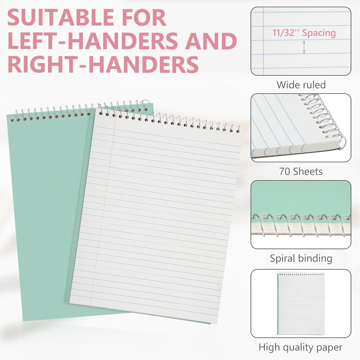 6 Pack 8.5 x 11'' Top Bound Office Steno Book Wide Ruled Double Sided Spiral Notebooks Reliable White Paper 70 Sheets/Pad Pastel Colors Covers for Writing School Notes(Bohemian Color)