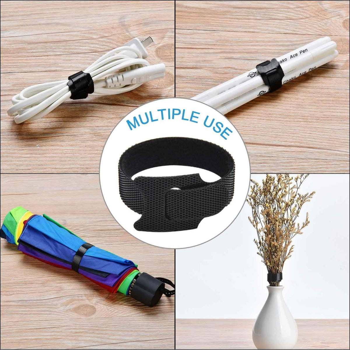 60PCS Fastening Cable Ties Reusable, Premium 6-Inch Adjustable Cord Ties, Microfiber Cloth Cable Management Straps Hook Loop Cord Organizer Wire Ties Reusable (Black Colors)