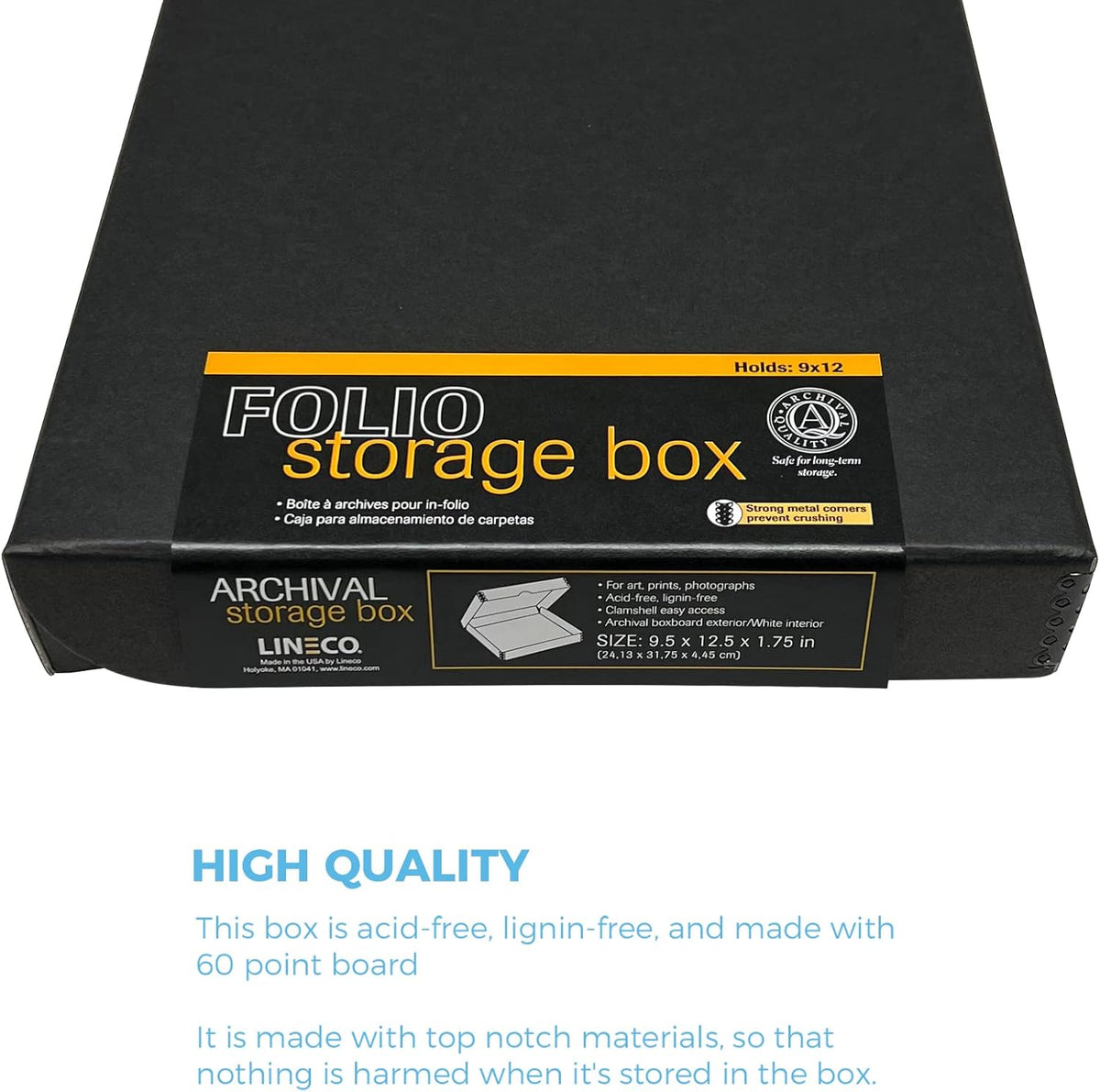 Lineco Archival Folio Storage Box. Metal Edge Archival Boxboard, Clamshell Lid. 9.5 x 12.5 x 1.75 inches.