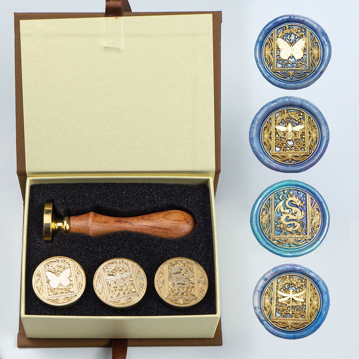 Animal Wax Seal Stamp Set with 4 PCS Removable Brass Heads and 1 Wooden Handle - Retro Starry Butterfly Dragonfly Bee Dragon Sealing Wax Stamp for Cards Invitations