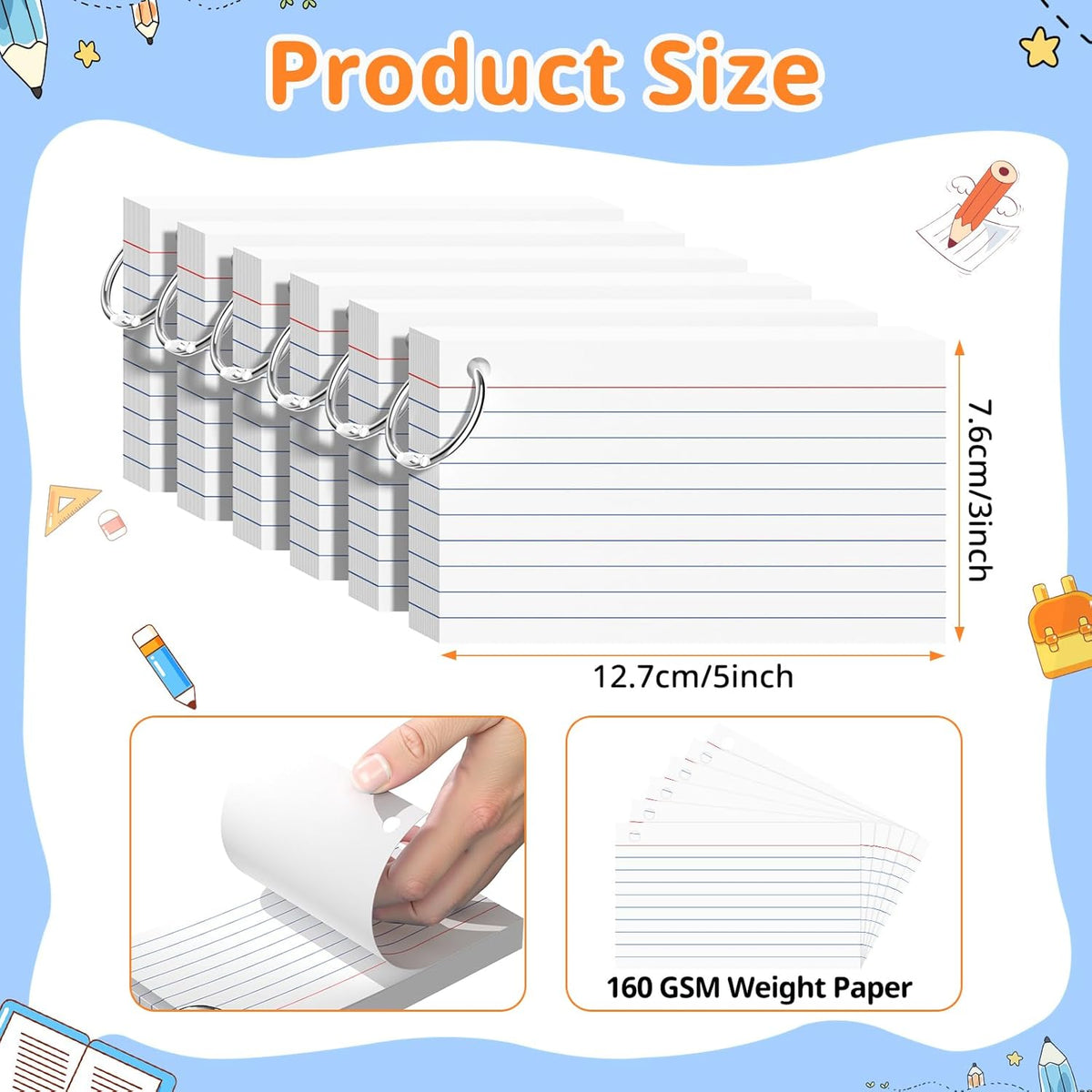 Index Cards 3x5 Inches, 300 PCS, White Flash Cards With Ring, Punched Lined Study Card Ruled Flashcards Notecards, Ruled Front And Blank Back, Note Card for School, College And Home