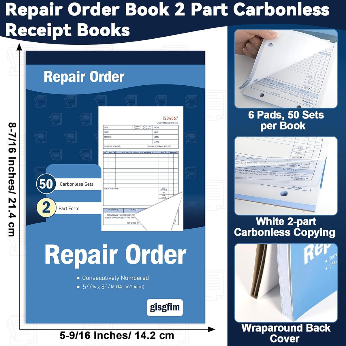 gisgfim 6 Pad Repair Order Book 2 Part Carbonless Receipt Books Consecutively Numbered with Claim Check Stub Invoice Receipts Book Work Order Form Receipt Book Orders for Small Business 50 Set per Pad