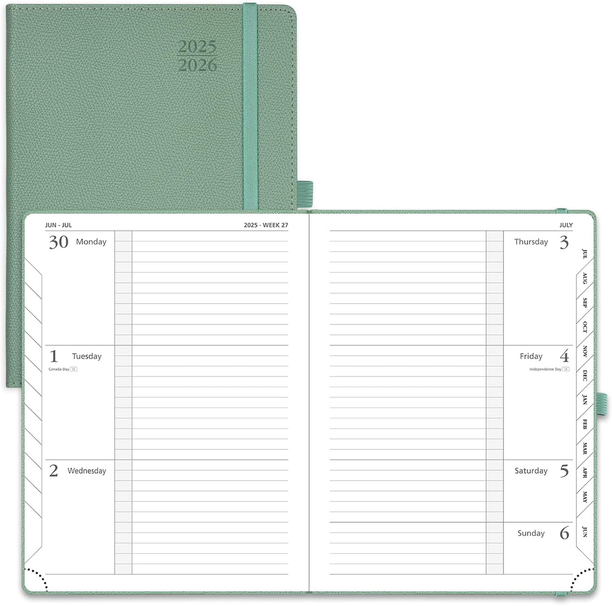POPRUN Planner 2025-2026 (Medium 6.75''x 8.75''), Horizontal Weekly Notebook Jul.2025 - Jun.2026, Academic Appointment Book with Monthly Tabs, Leather Hardcover, Inner Pocket, 100 GSM - Midnight Green