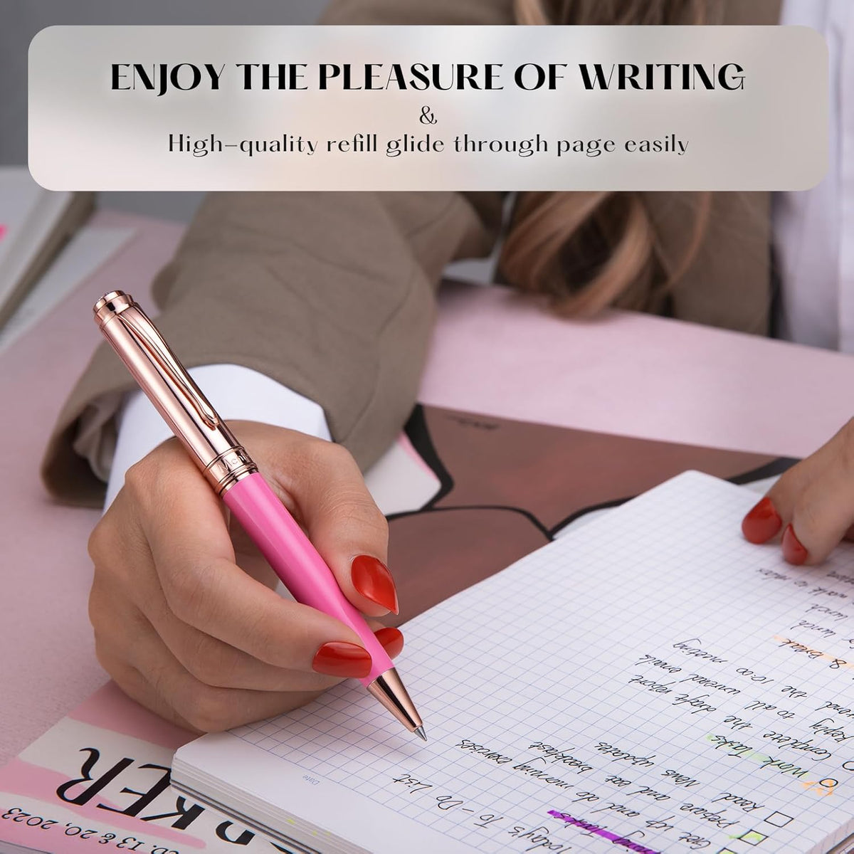 Luxury Gel Pen, Top Set With 8mm Brilliant Diamond,Vibrant Pink Pen Body,Attractive Rose Real Gold Finish, Black Refill,Elegant Gift Pen For Women, Executive, Fancy, Nice Pens