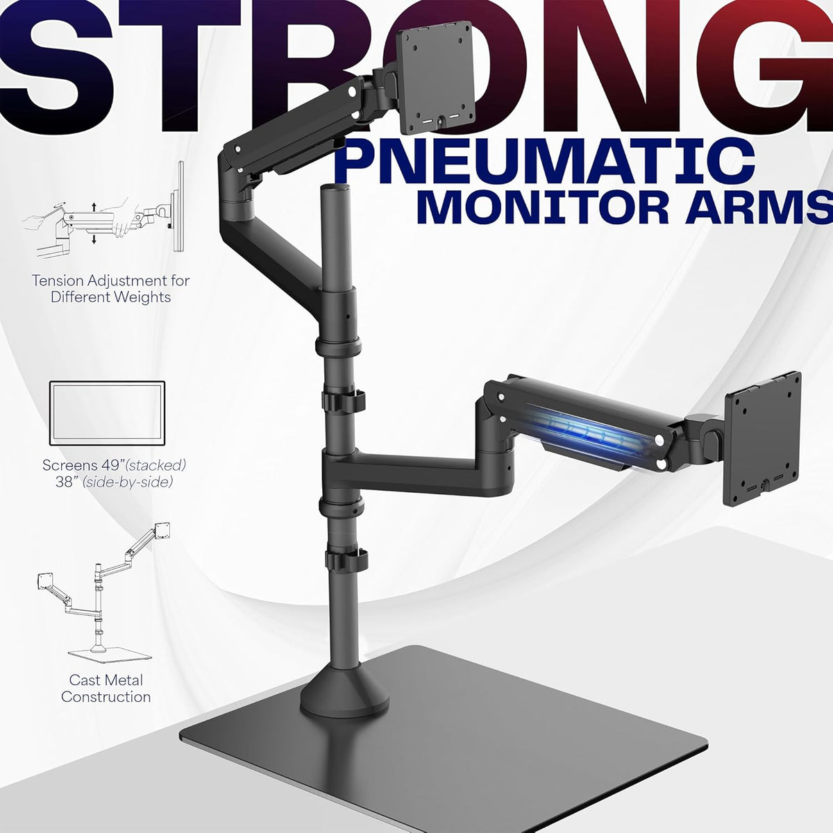 VIVO Pneumatic Arm Dual Ultrawide Monitor Desk Stand for Up to 49 inch Screens with Tempered Glass Base, Holds 2 Ultra Wides Up to 30.8 lbs, Black, STAND-V249FG