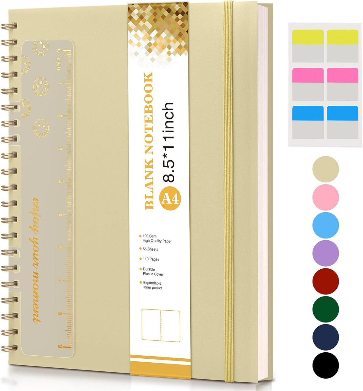 Blank Spiral Notebook Journal 8.5” x 11”, A4 Large Sketch Book for Women Men, 100 GSM Blank Paper Drawing Notebook, Plastic Hardcover Spiral Bound Sketchbook for Sketching Work School Writing, Yellow
