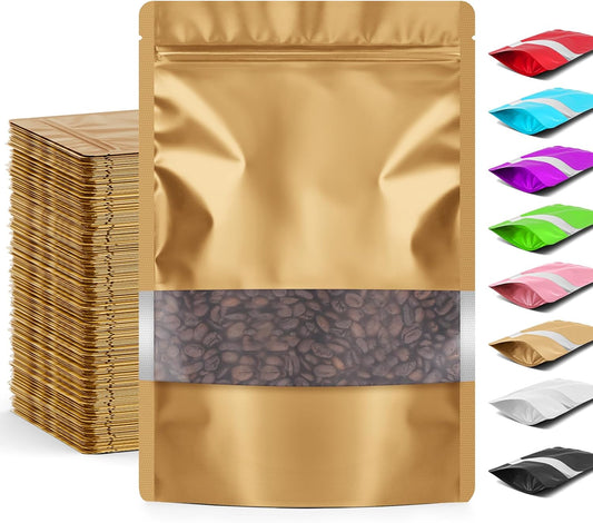 Funfery 100 Pcs Smell Proof Packaging Bags,Mylar Clear Bags for Food Storage,Sealable Bag for Packaging,Stand Up Pouches with Window,ReSealable Bag for Small Business,Cookies,Candy(Gold,4x6in)