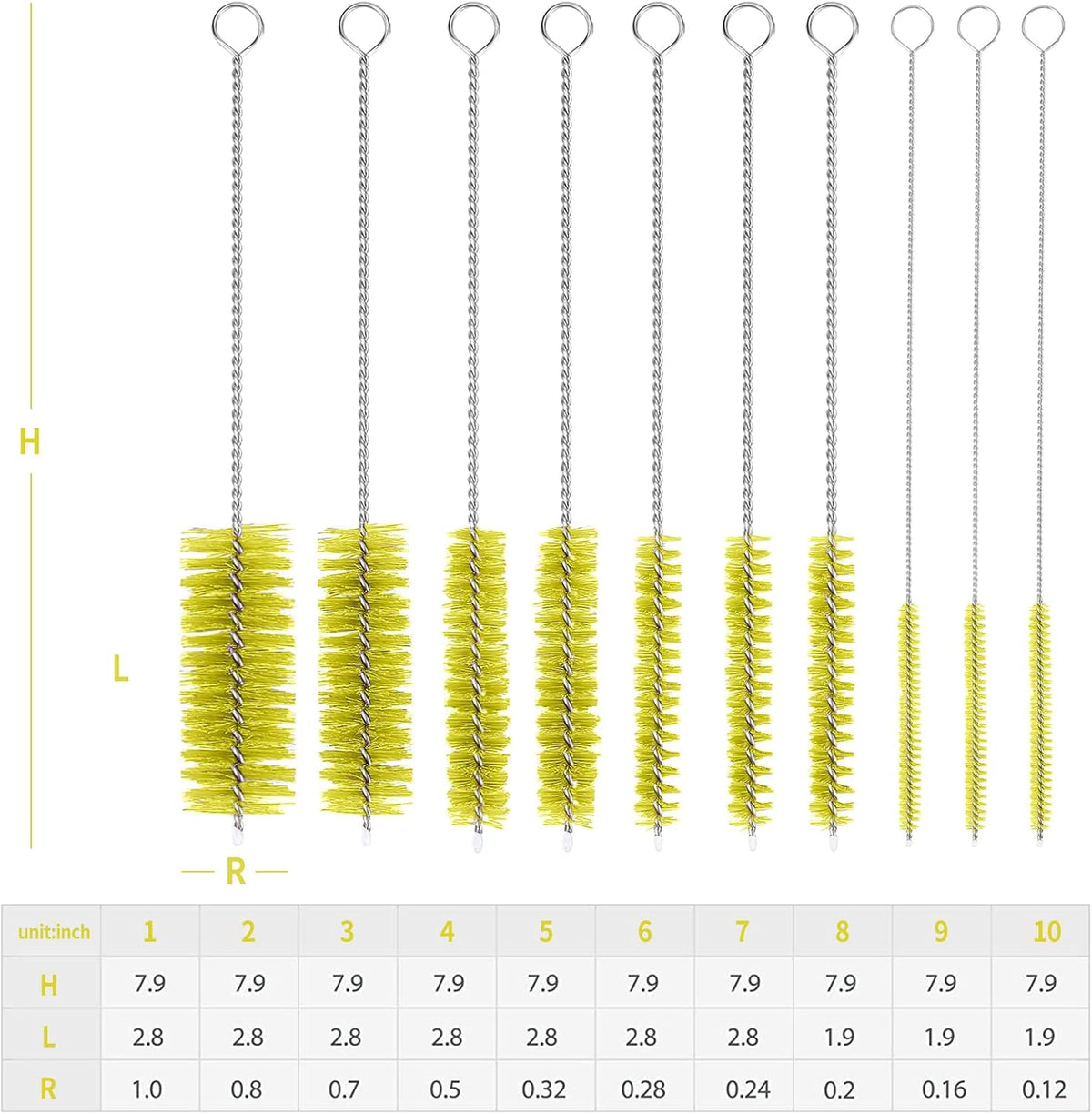 CiaraQ Bottle Cleaning Brushes, 8 Inch Nylon Tube Brush Set, Cleaner for Narrow Neck Bottles Cups with Hook, Set of 10pcs. Yellow