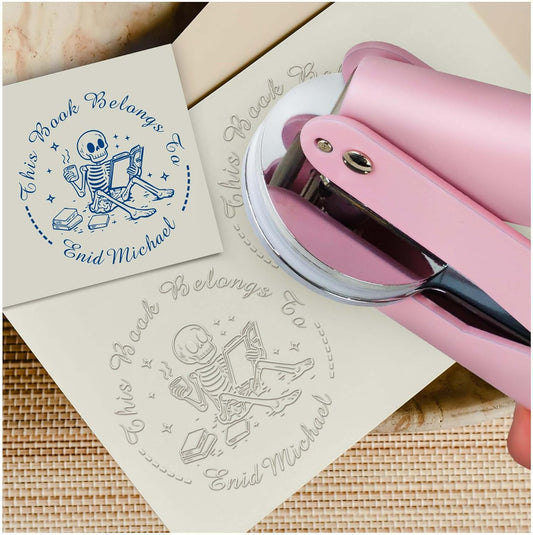 Skull Themed Library Book Embosser， Custom Book Business Card Paper Document Notebook，Self Inking Stamp，Book Lover Gifts，Christmas Gifts (Style07)