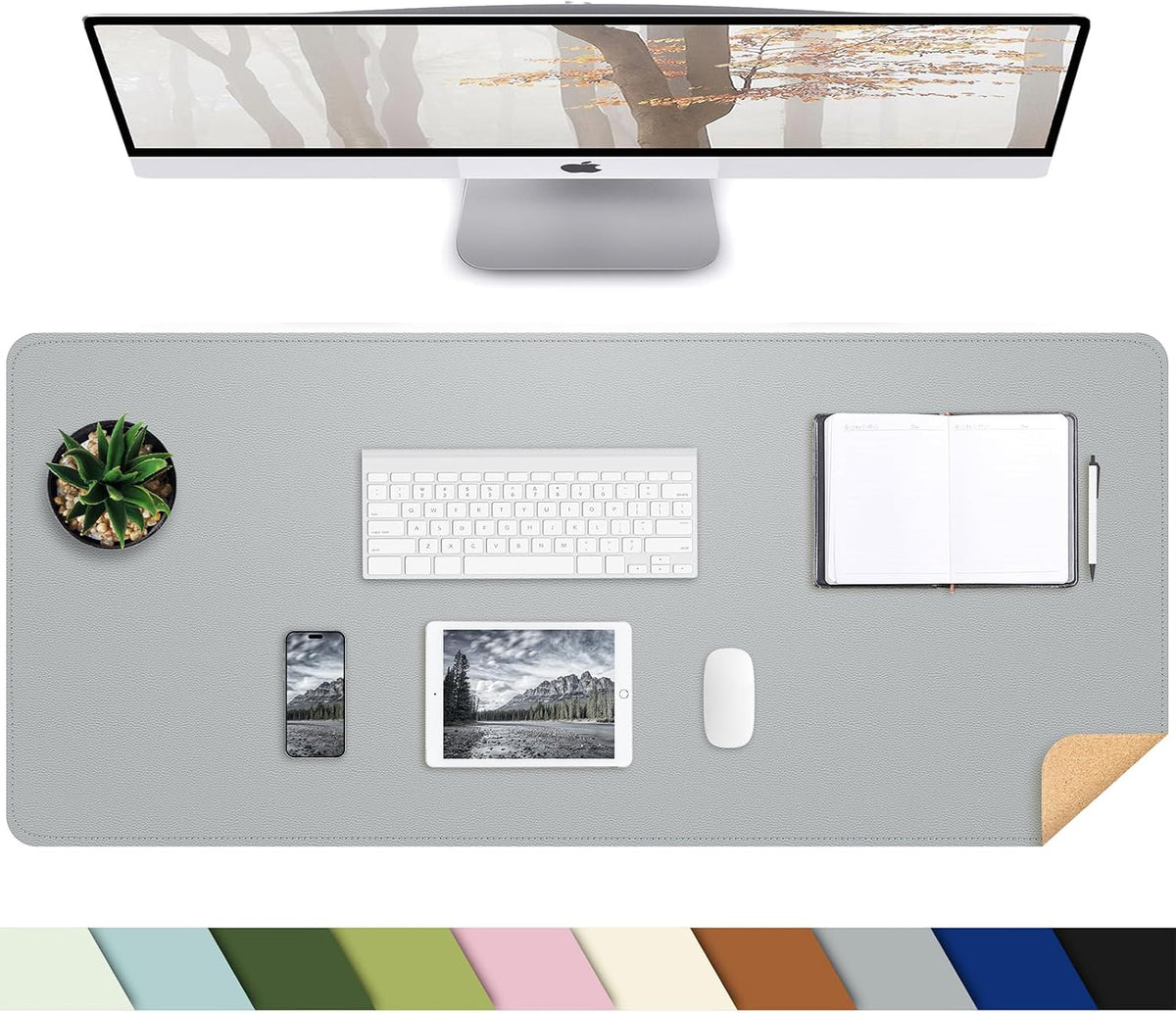 Desk Mat,35.4" x 17" Leather Desk mat,Double-Sided Desk Pad,Desk matt for Desktop,Large Mouse Pad,Office Desk mat,Waterproof Desk Blotter pad for Office&Home(Light Grey+Cork)
