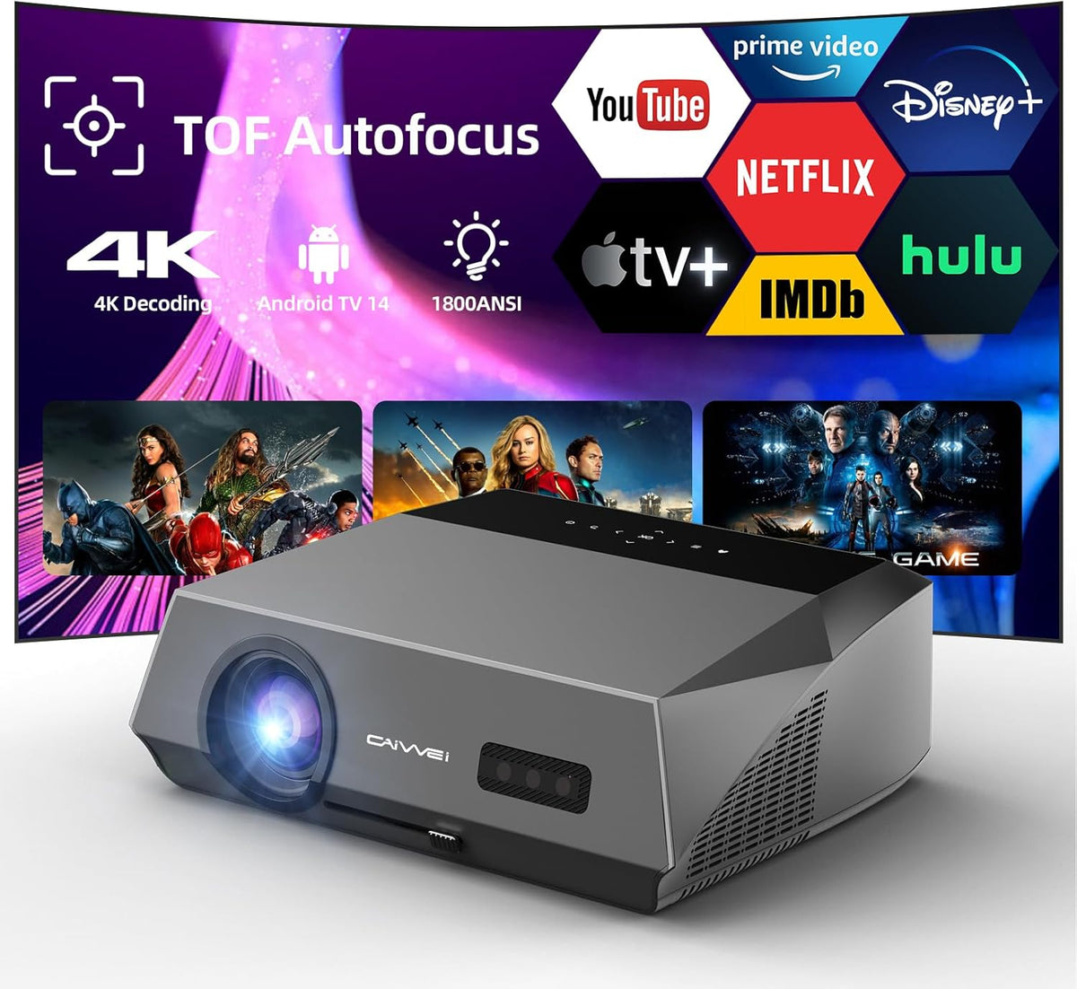 Smart LED 4K Projector Daylight HDR WiFi 6 Bluetooth Google TV, 1800ANSI Daytime Movie Gaming Projectors 4K Ultra HD Home Theater Ceiling with Auto Focus Keystone Zoom Airplay HDMI ARC USB Apps Dolby