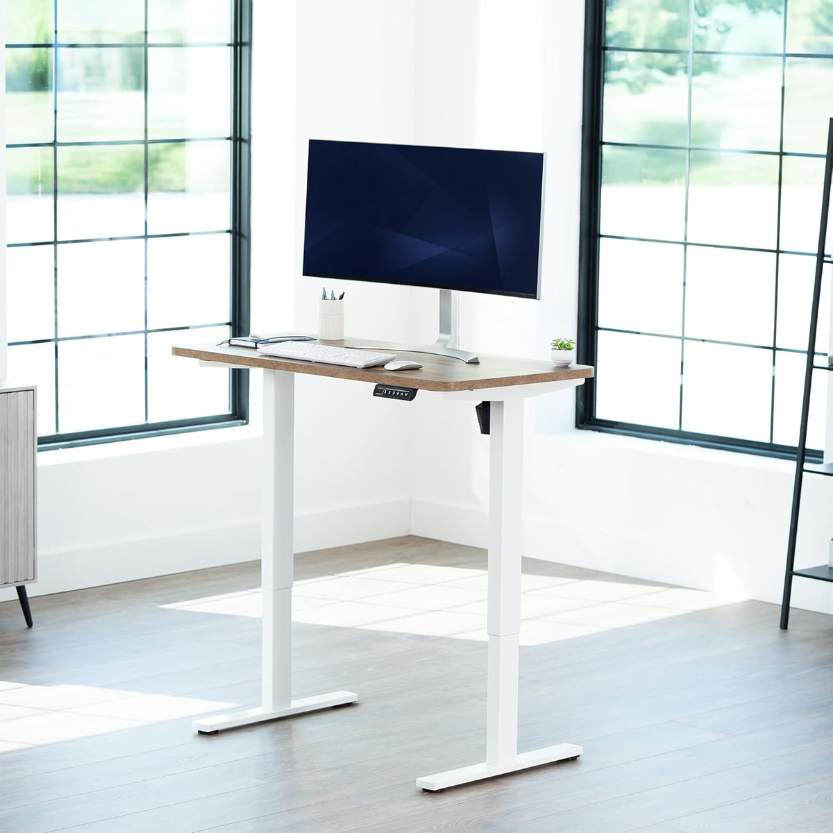 VIVO Electric 43 x 24 in Standing Desk, Memory Height Adjustment, 1B Series, One-Piece Reclaimed Wood Top, White Frame, DESK-KIT-1W4P