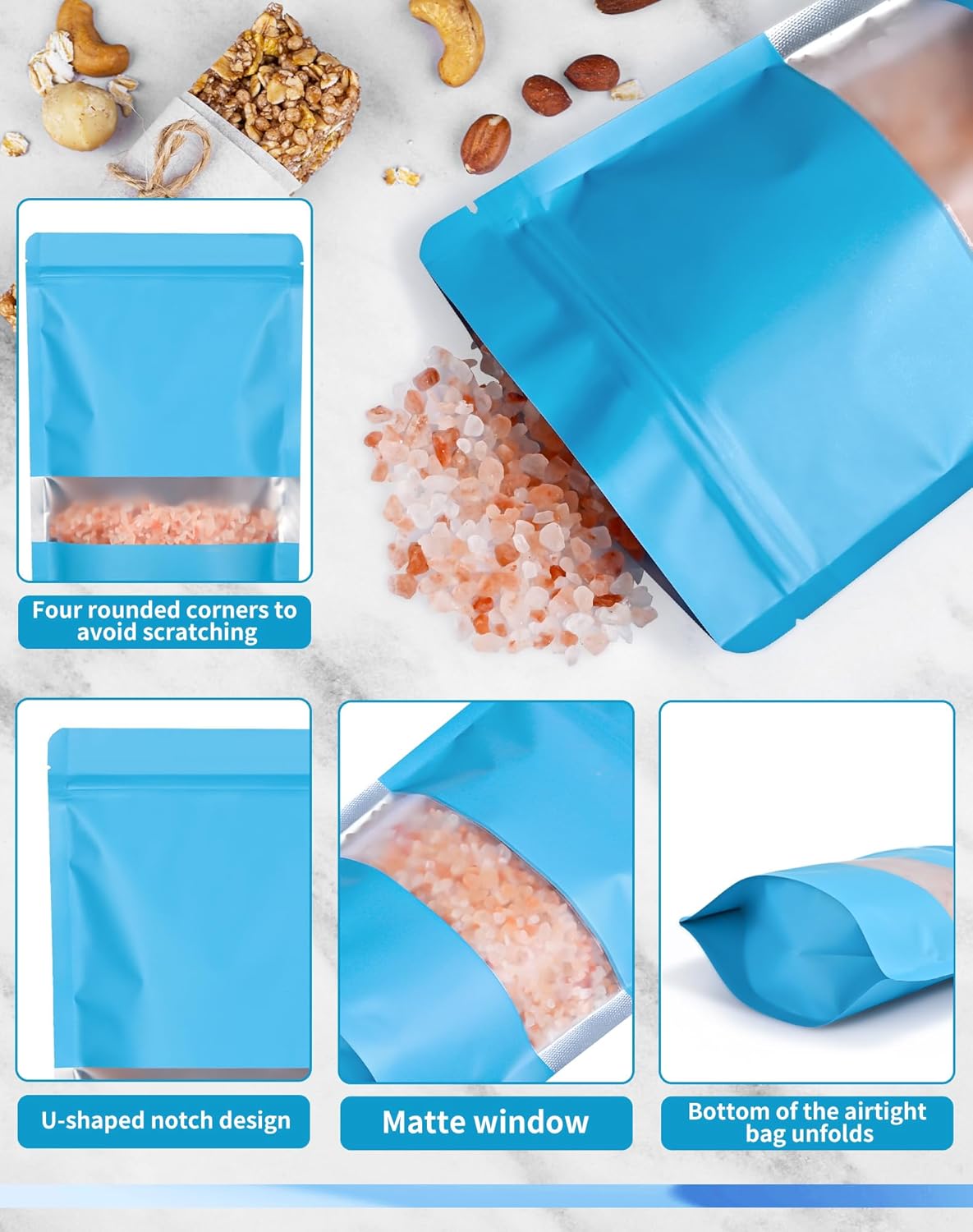 FireKylin 100 Pack Smell Proof Bags 5.9" x 8.6", Resealable Bags with Matte Window, Foil Pouch Stand Up Sealable Bags for Packaging（Blue）