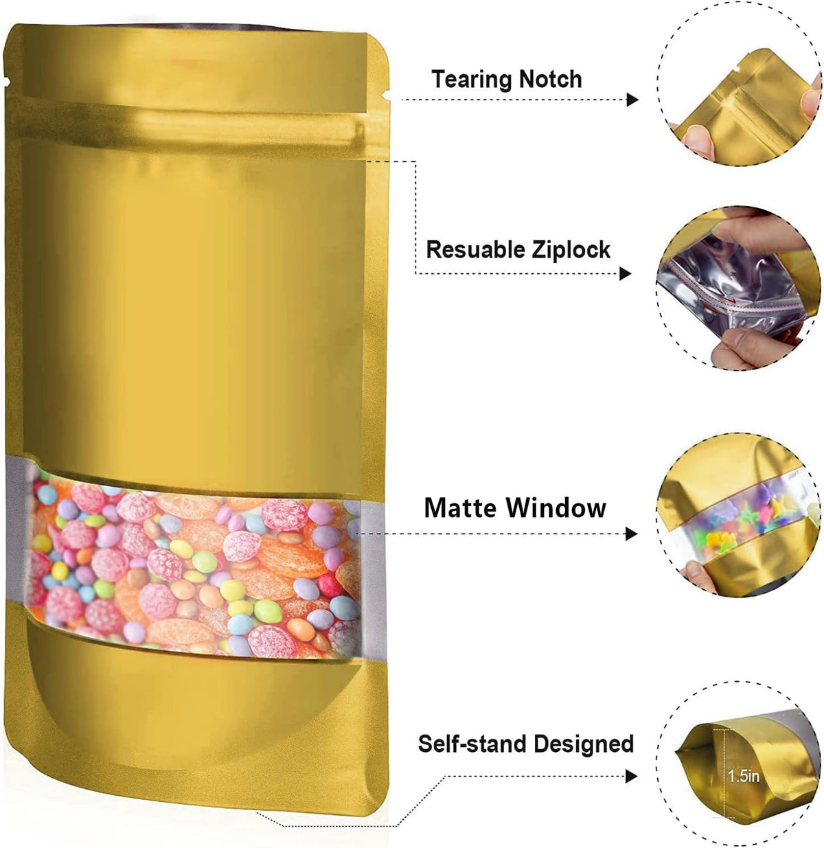 5.5"x7.8" 120pcs Mylar Bags for Food Storage,Smell Proof Bag with Matte Window Resealable Food Storage Bags for Small Business, Stand-up Foil Pouch Packaging Freeze Dried Candy Bag(Gold)
