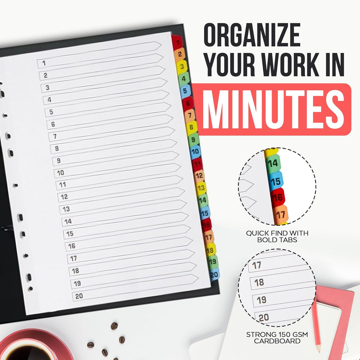 [25 Pack] A4 File Dividers 20 Part Numbered 1-20 | A4 Subject Dividers 20 Part Numbered 1-20 with Multipunched Reinforced Colour Tabs 150gsm
