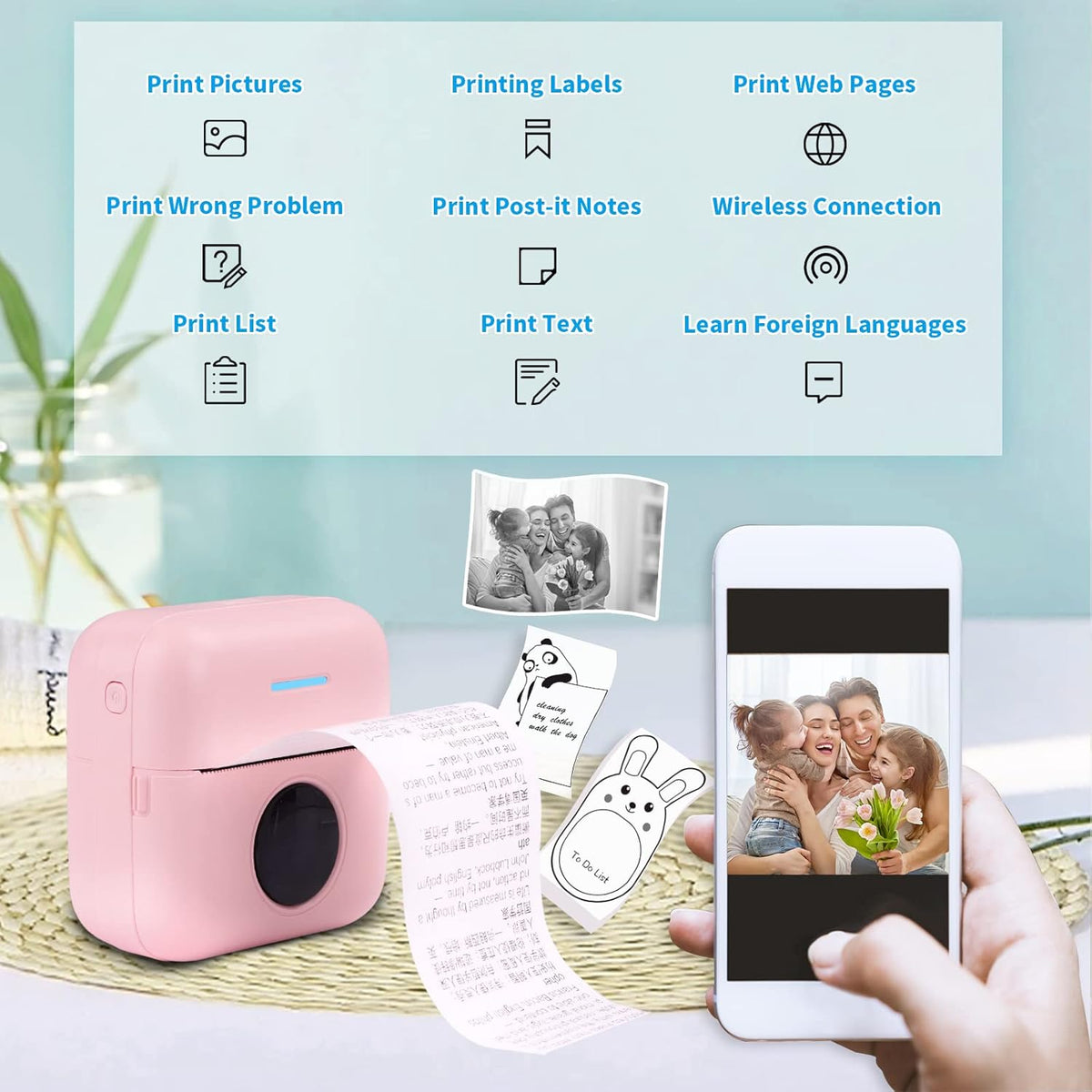 HuiJuKeJi Mini Sticker Printer Bluetooth Smart Pocket Inkless Thermal Printer with 11 Rolls Thermal Paper and Sticker for iOS&Android, Portable Receipt Printer for Photo Journal Notes Memo
