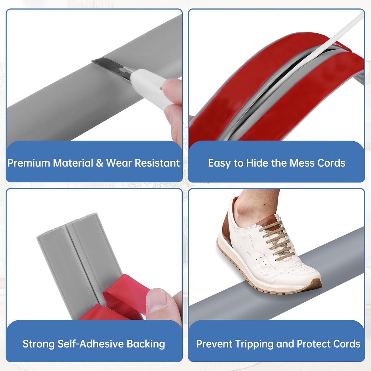 Floor Cord Cover Self Adhesive Cord Hider Floor Extension Cord Covers for Floor Power Cord Protector Cable Management Prevent Cable Trips Cable Cavity 0.47" W x 0.27" H (Grey, 3.3Ft)