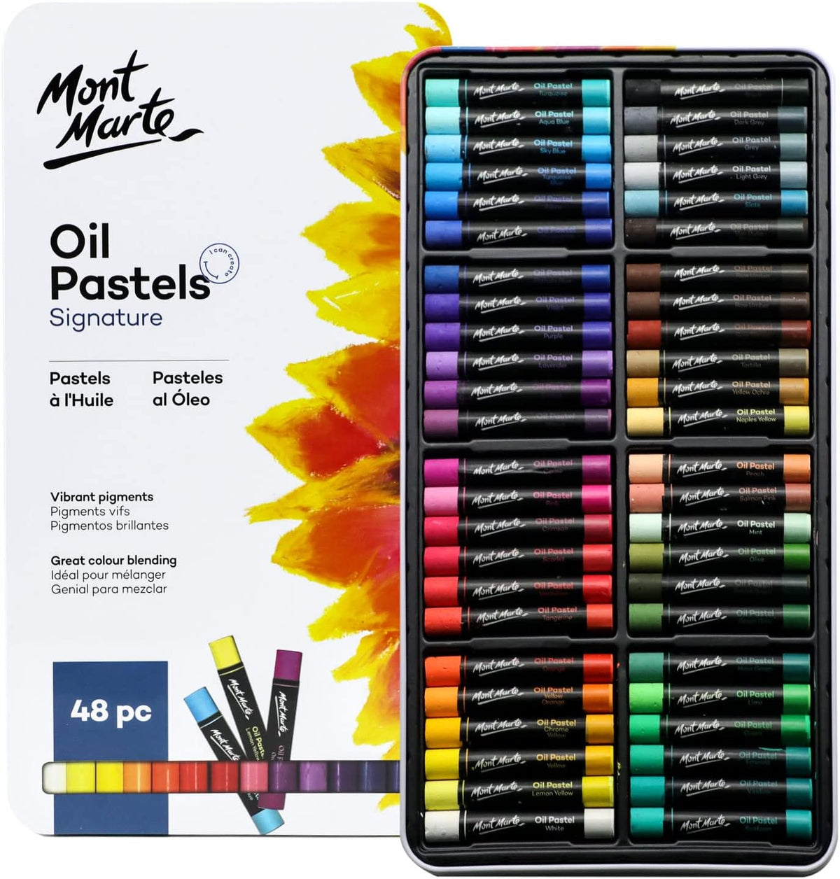 Mont Marte Oil Pastels in Tin Box Signature 48pc, 48 Assorted Colors, Vibrant Oil Pastel Set, Great Blending and Layering, Comes in Storage Case, Ideal for Art, Craft, Coloring and Sketching