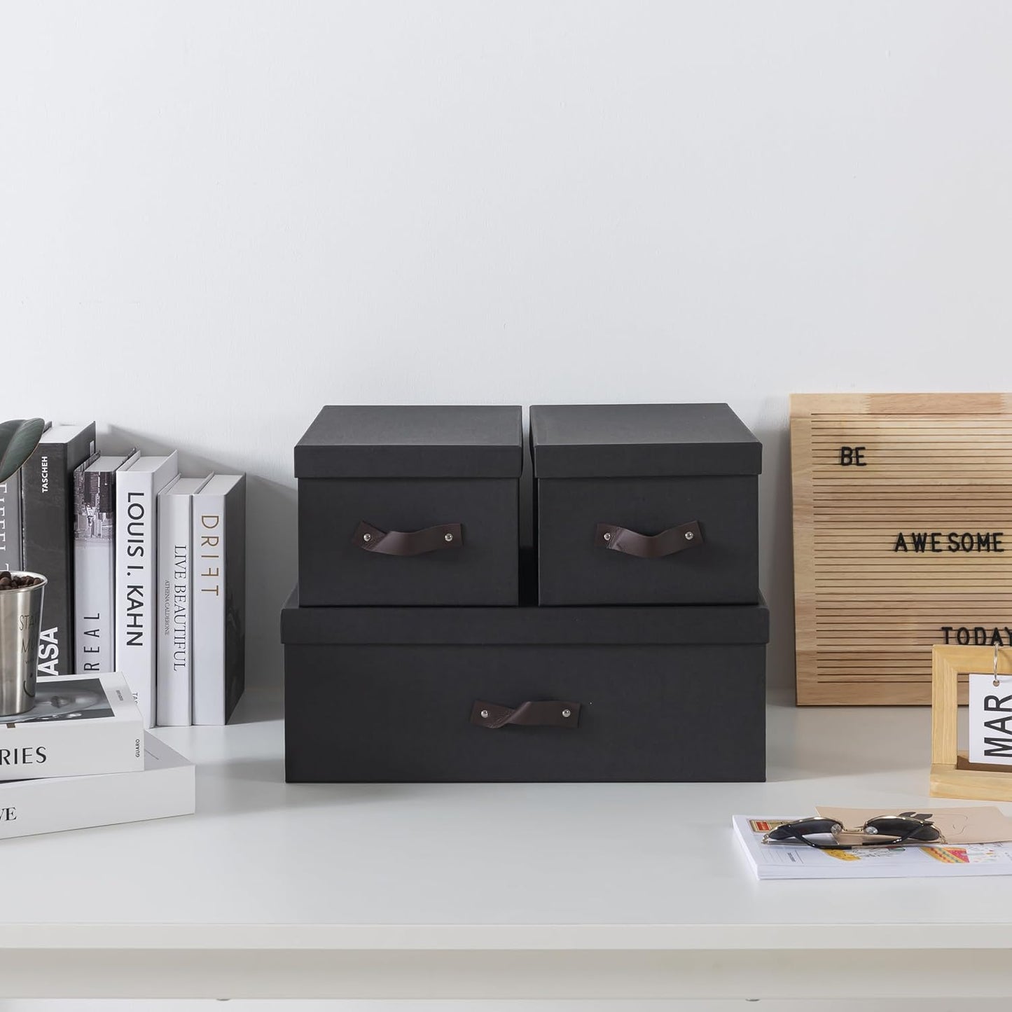 Soul & Lane Decorative Storage Boxes with Lids - Set of 3 (One Large and Two Medium), Sturdy Cardboard Organizers for Photos, Versatile Boxes with Handles for Office & Home, Dark Gray