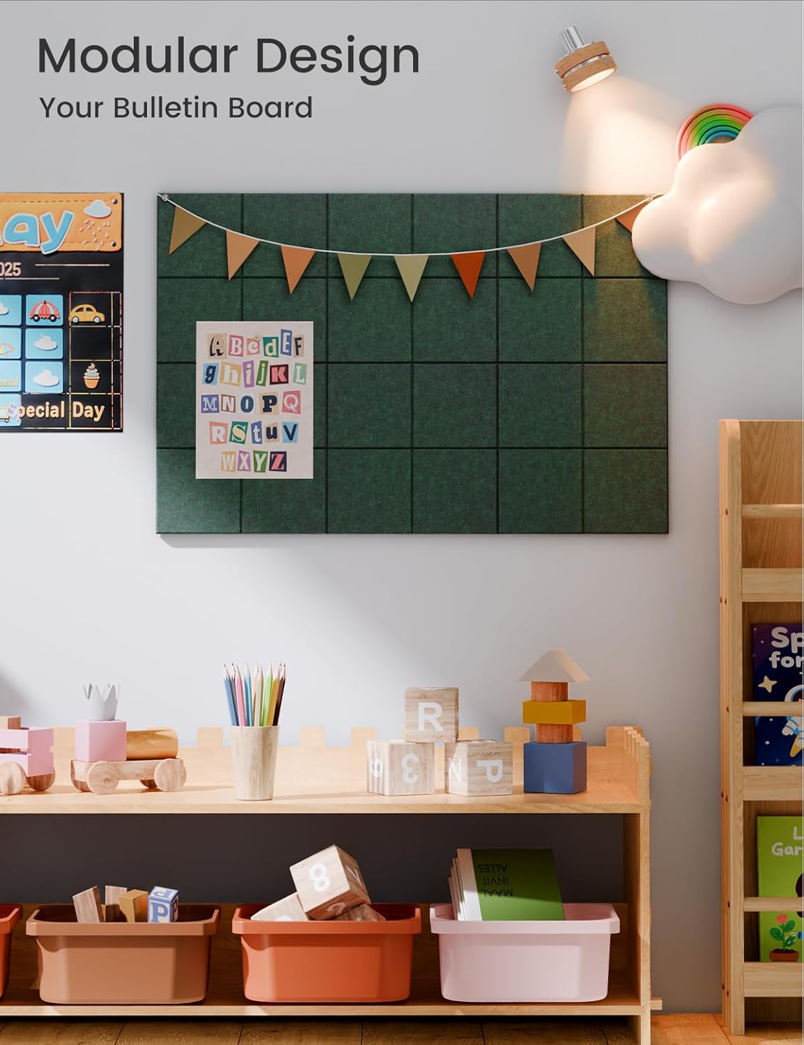 Felt Bulletin Board Tiles -28"x18" Cork Board Alternative for Office Decor, Push Pin Board Wall Organizer 6-Pack -Aurora Green