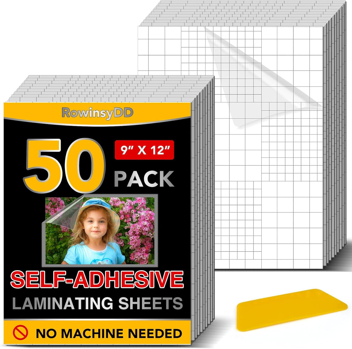50 Pack Self Adhesive Laminating Sheets, 9 X 12 Inch, Clear Sticker Laminate Sheets Waterproof for Documents, Photos, No Machine Needed Heatless Durable