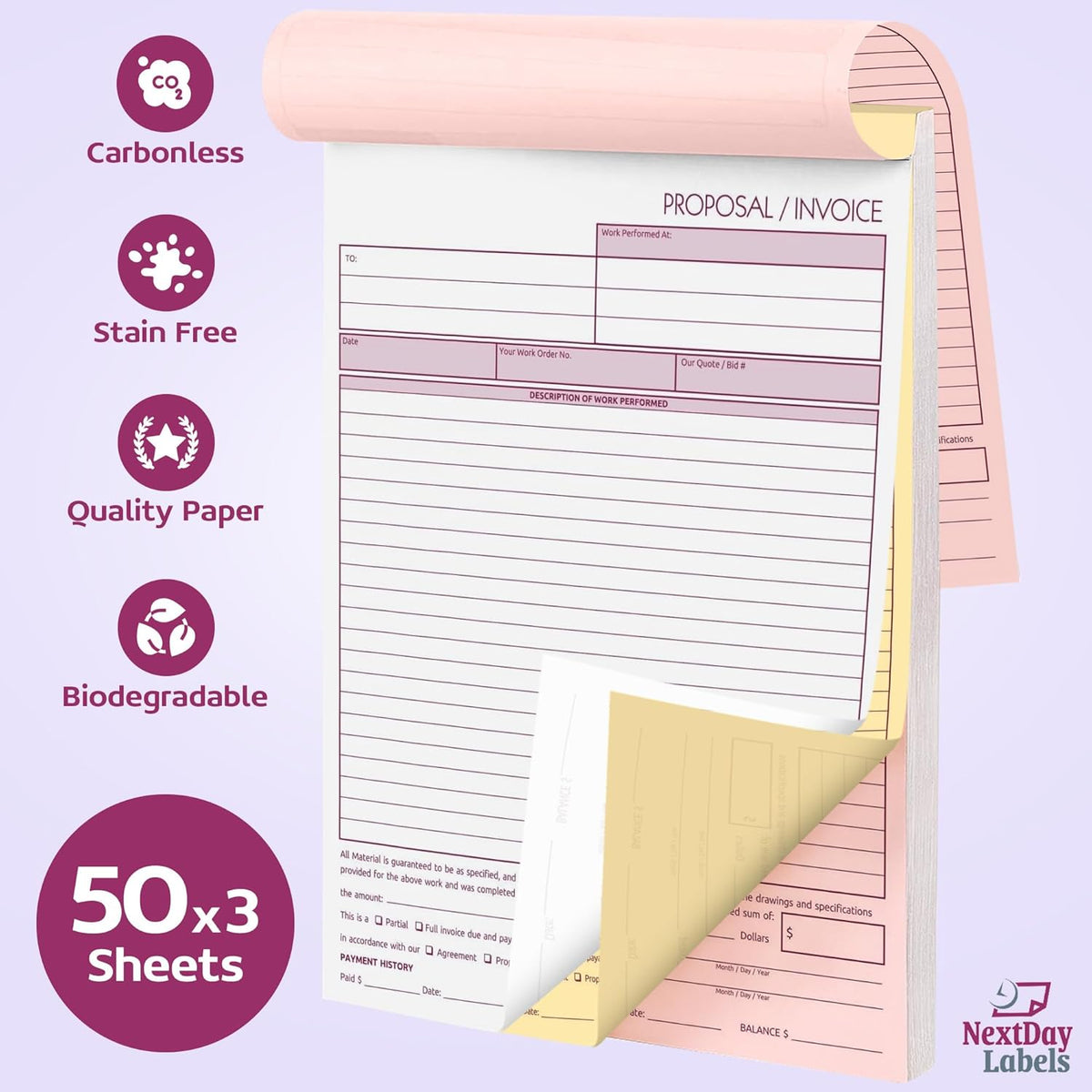 NextDayLabels - Contractor Invoice Book 8.5 x 11 3 Part Carbonless Triplicate Invoices Forms with White, Canary, and Pink Copies - Practical Proposal for Receipts, Work, Sales and Orders, 50 Sets