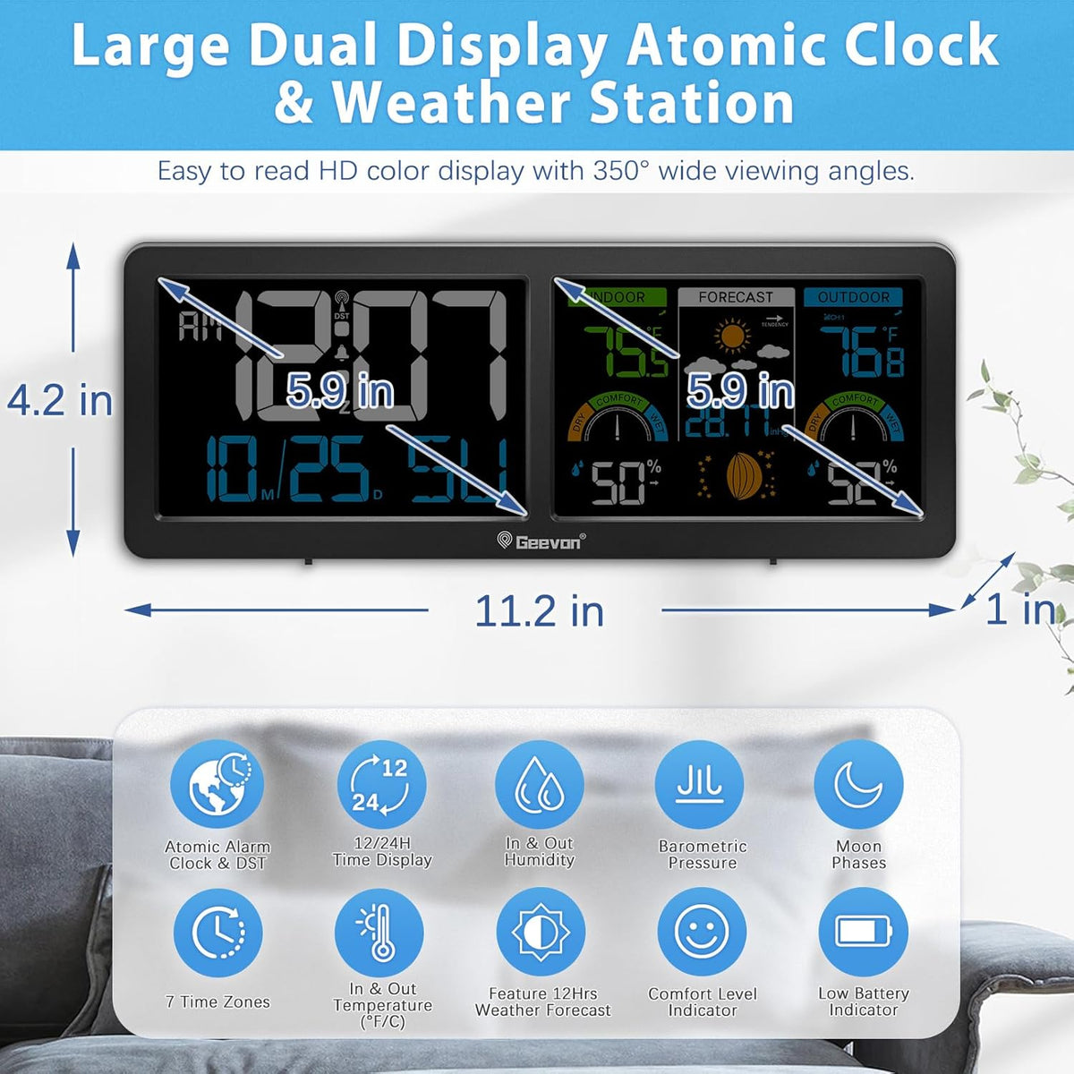 Geevon Weather Stations Wireless Indoor Outdoor Thermometer with Atomic Clock, HD Color Display Digital Temperature Humidity Gauge with Brometer, Comfort Indicator, and Adjustable Backlight