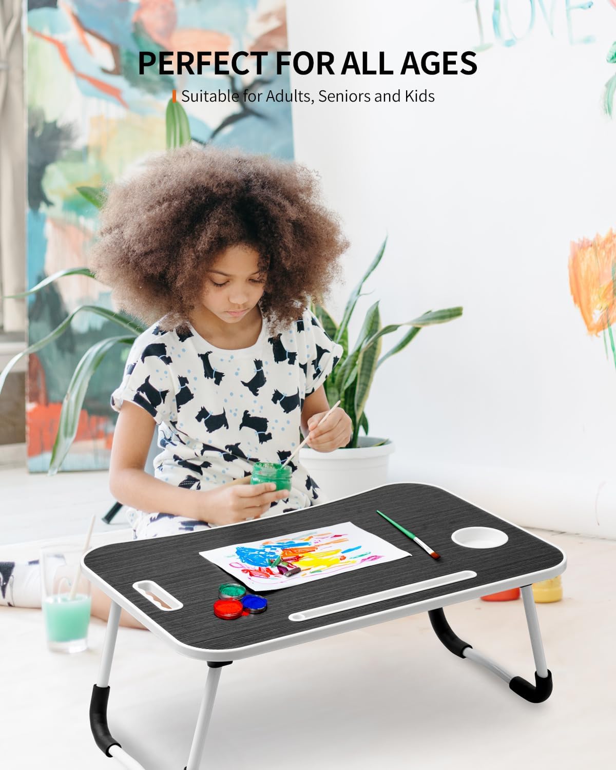 Foldable Laptop Table, Portable Lap Desk Bed Table Tray, Laptop Stand with Cup Holder & Tablet Slot & Lifting Handle for Working Writing Drawing & Eating (Black)